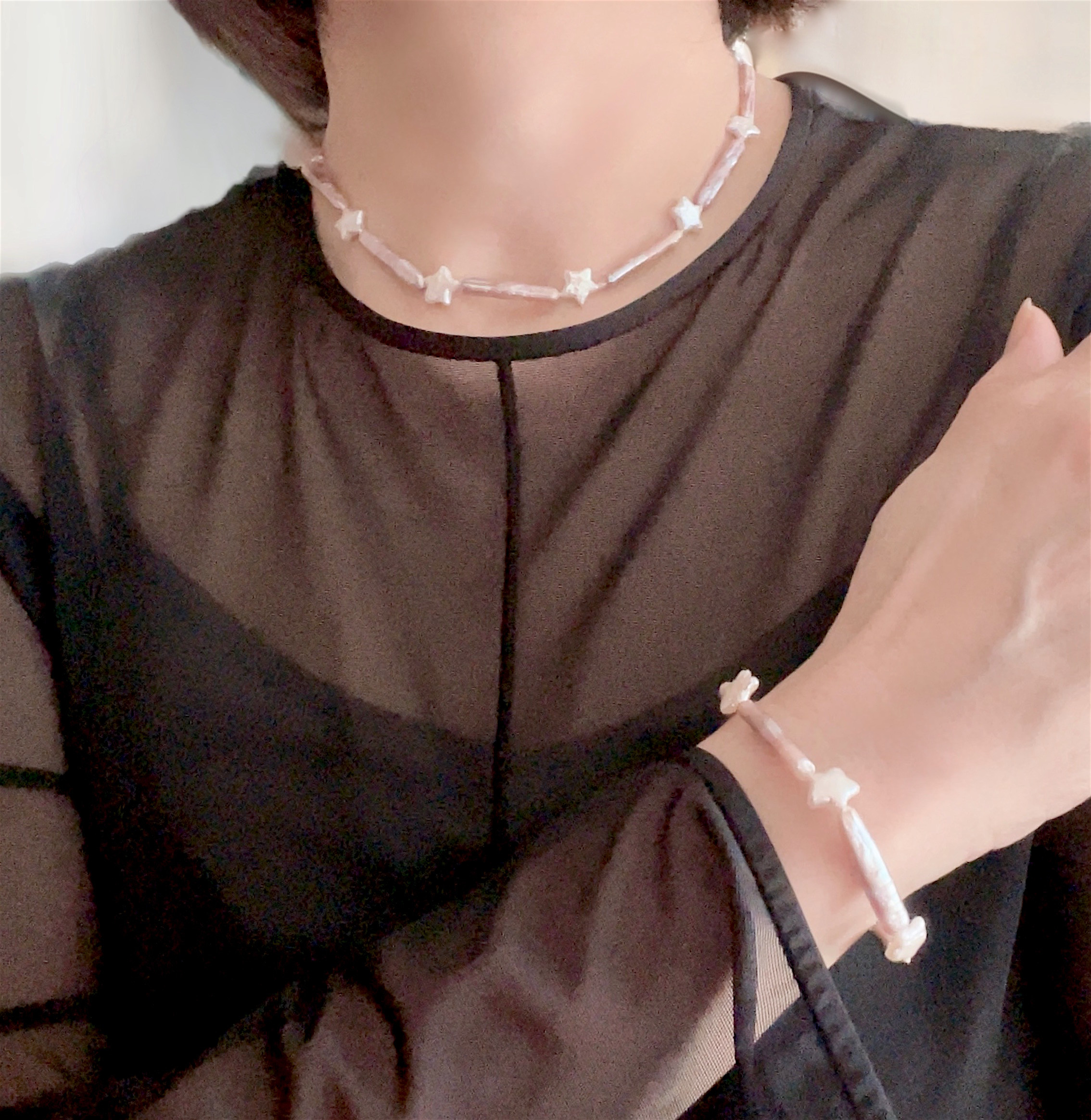 星とバーパール 淡水パール  チョーカーネックレスとブレスレットのセット  ライトパープル