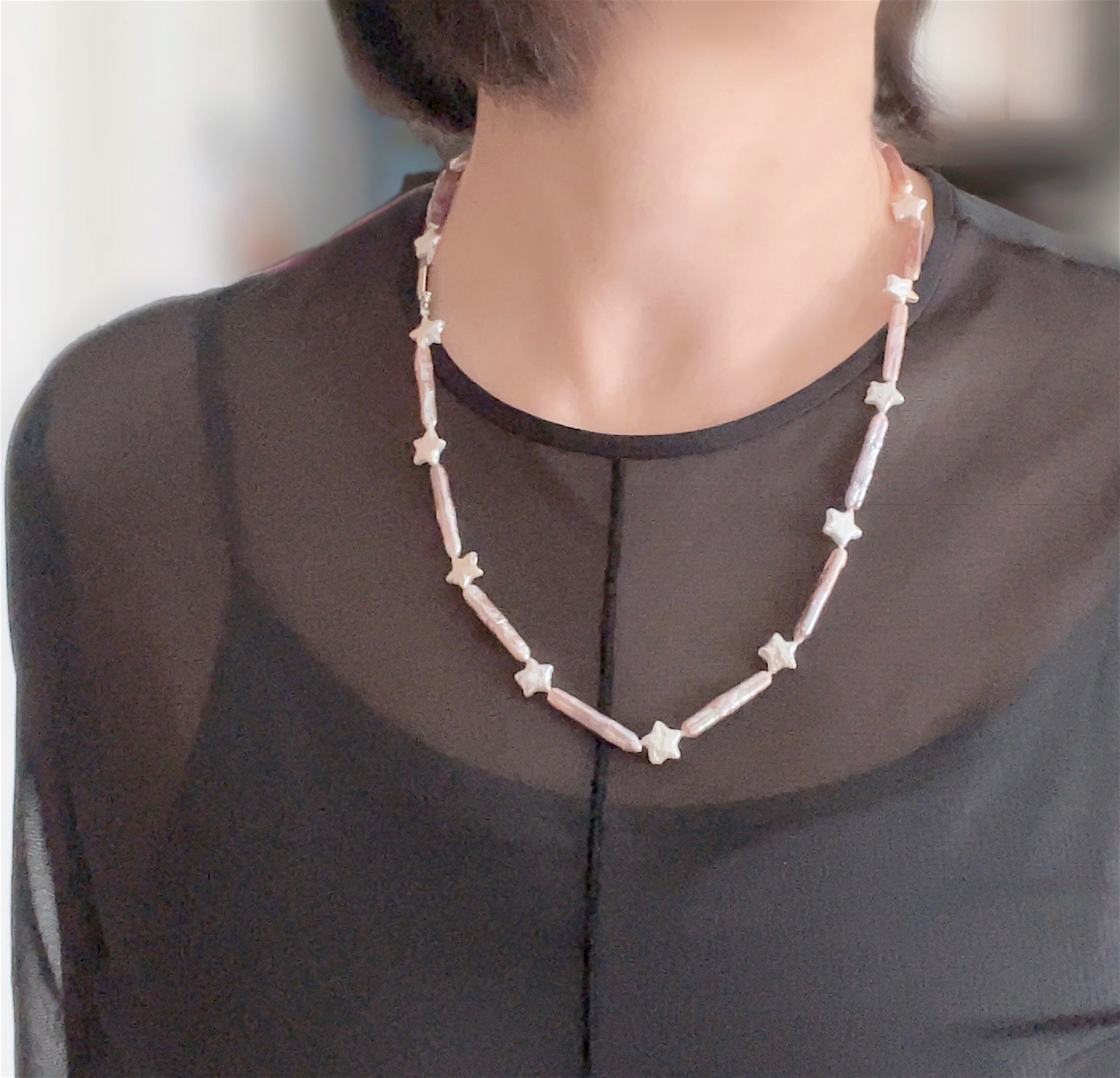 星とバーパール 淡水パール  チョーカーネックレスとブレスレットのセット  ライトパープル