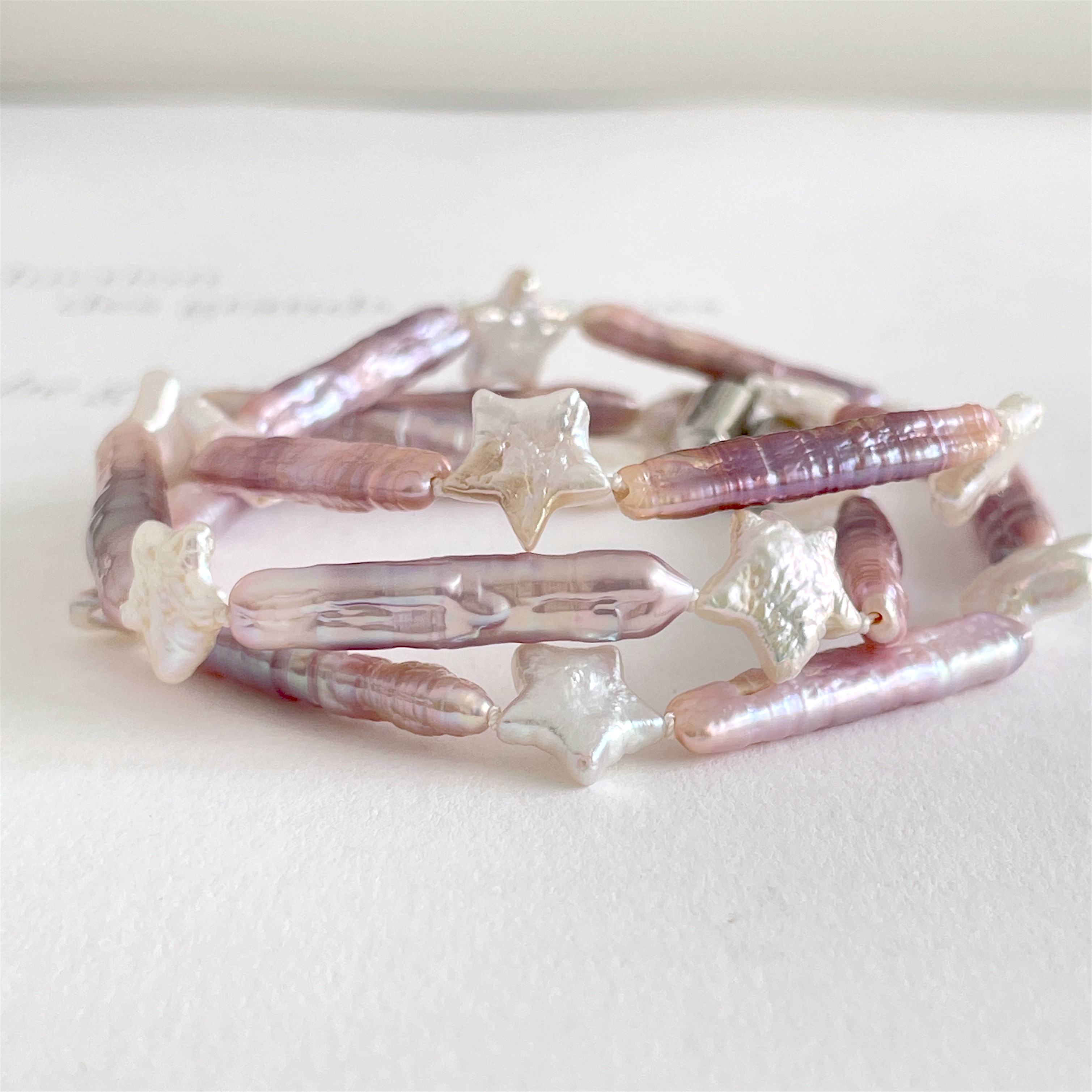 星とバーパール 淡水パール  チョーカーネックレスとブレスレットのセット  ライトパープル