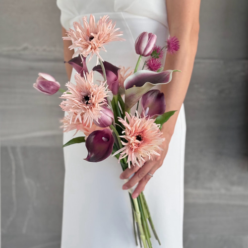 ウェディングブーケ 造花ブーケブートニア付 ピーチピンク ♡ピーチ