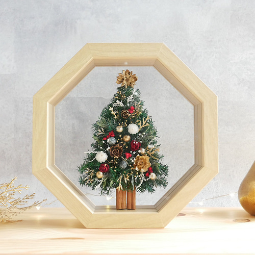 プリザーブド】ミニクリスマスツリー ガラスフレーム レッド＆ゴールド