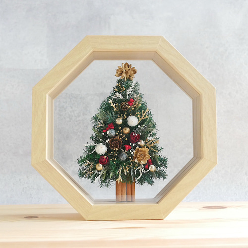 プリザーブド】ミニクリスマスツリー ガラスフレーム レッド＆ゴールド