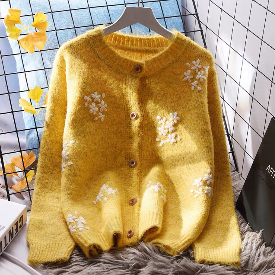 前開きニットセーター、花柄カーディガン、刺繍カーディガン、、花柄ニットセーター、ジャケット、レディース、冬、防寒対策