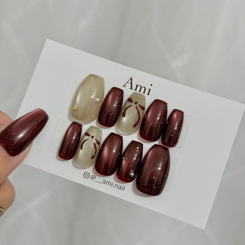 ネイルチップ＊ボルドーフラッシュマグネット ハート 赤 ベージュ