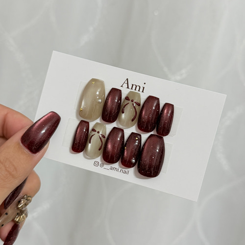 ネイルチップ＊ボルドーフラッシュマグネット ハート 赤 ベージュ