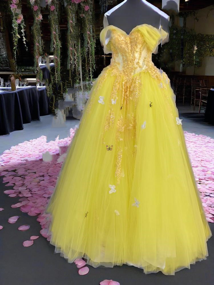 モダンなスタイル  黄  オフザショルダー カラードレス 美しいレー ロングテール  パーティーウェア  結婚式 k27