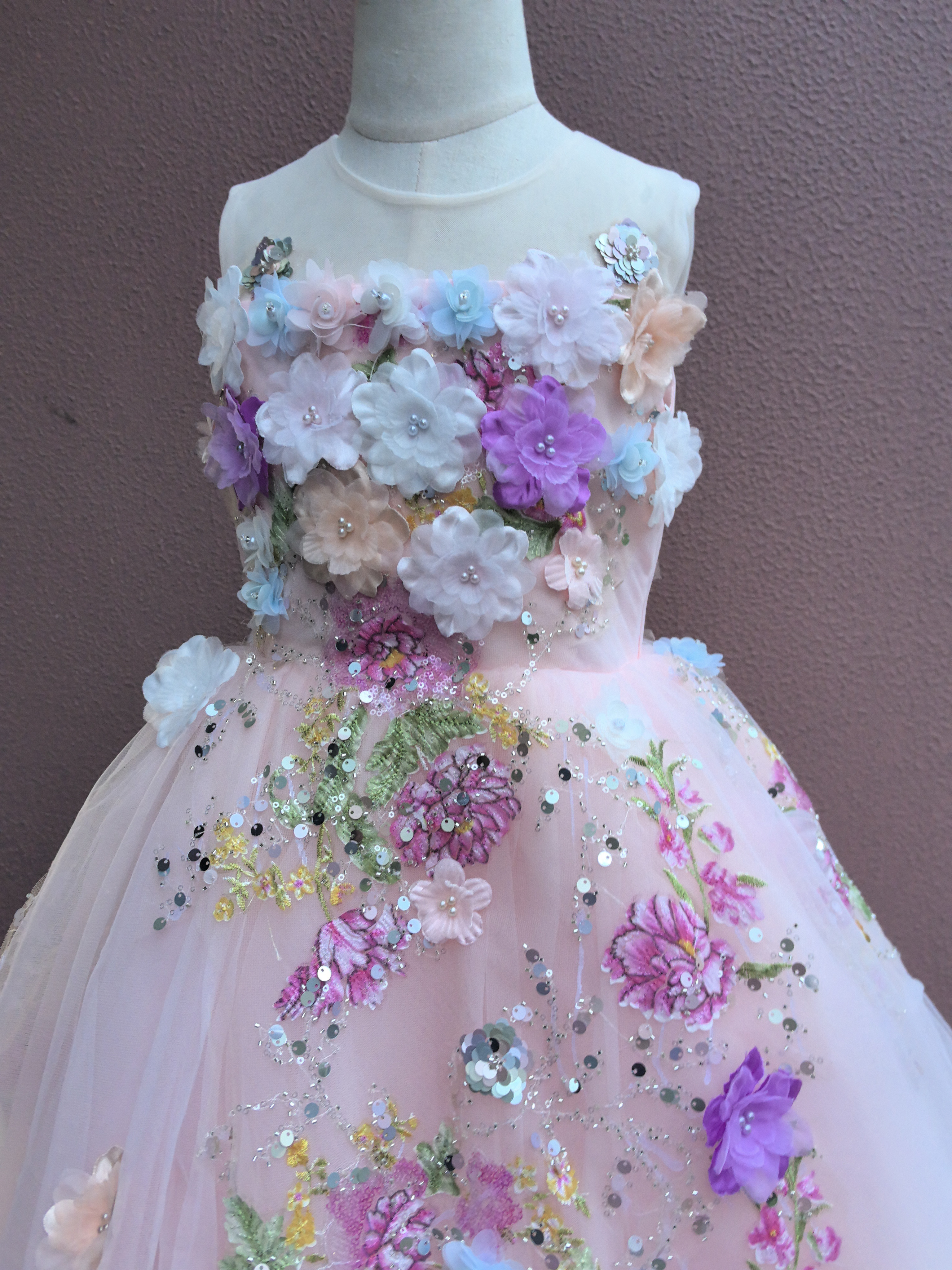 子供ドレス 【オーダーメイド可】子供用フォーマルドレス ピンク立体フラワープリンセスドレス コンサート・演奏会・誕生日