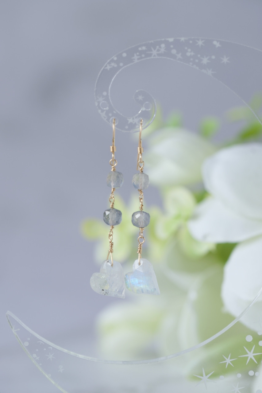 ブルームーンストーン × ラブラドライト／14Kgf ハートピアス