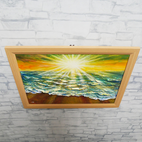 油絵 【潮風のまどろむ浜辺で】 海の絵 朝焼け 砂浜 アート 絵画 HR