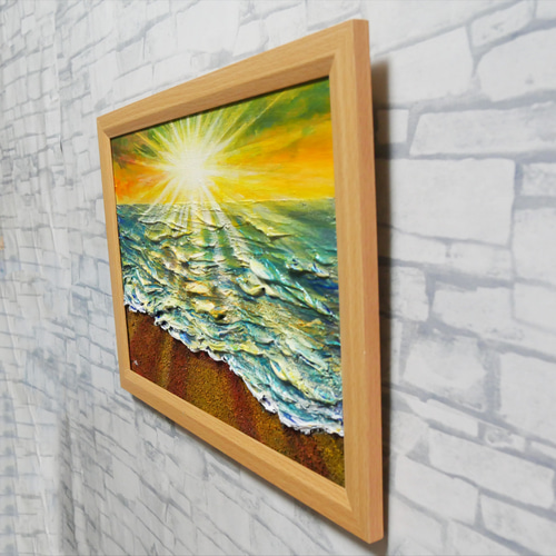 油絵 【潮風のまどろむ浜辺で】 海の絵 朝焼け 砂浜 アート 絵画 HR