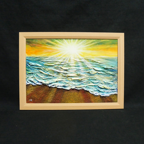 油絵 【潮風のまどろむ浜辺で】 海の絵 朝焼け 砂浜 アート 絵画 HR