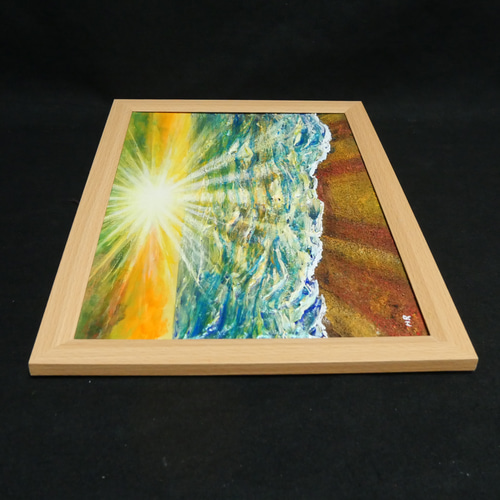 油絵 【潮風のまどろむ浜辺で】 海の絵 朝焼け 砂浜 アート 絵画 HR