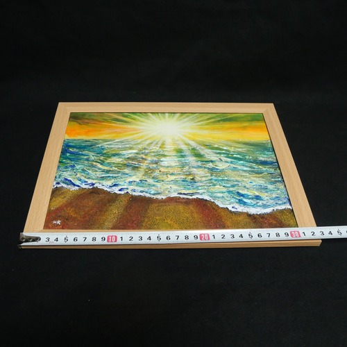 油絵 【潮風のまどろむ浜辺で】 海の絵 朝焼け 砂浜 アート 絵画 HR