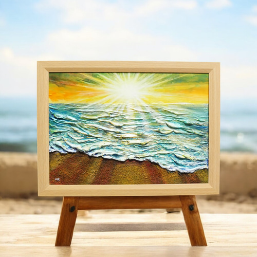 油絵 【潮風のまどろむ浜辺で】 海の絵 朝焼け 砂浜 アート 絵画 HR