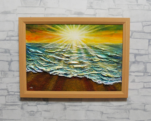 油絵 【潮風のまどろむ浜辺で】 海の絵 朝焼け 砂浜 アート 絵画 HR