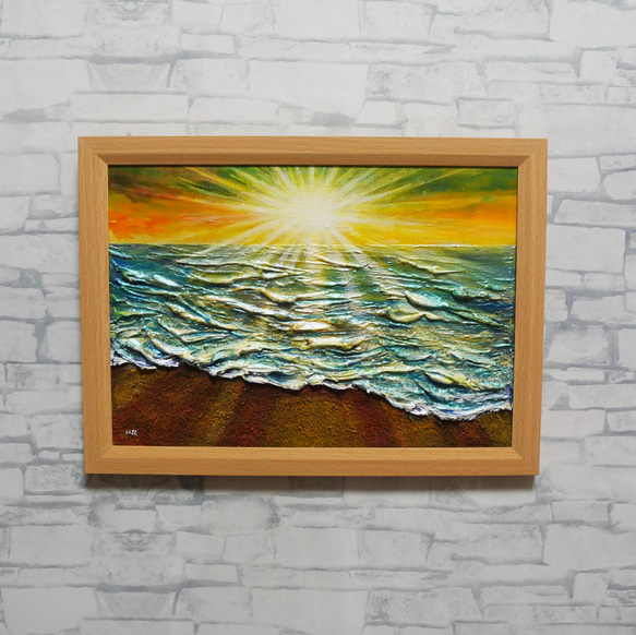 油絵 【潮風のまどろむ浜辺で】 海の絵 朝焼け 砂浜 アート 絵画 HR