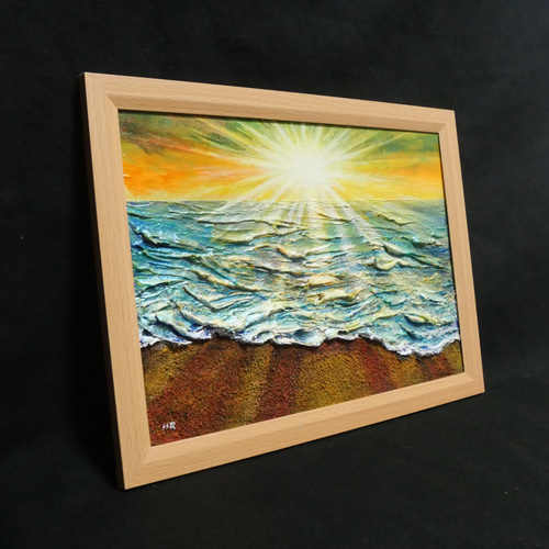油絵 【潮風のまどろむ浜辺で】 海の絵 朝焼け 砂浜 アート 絵画 HR