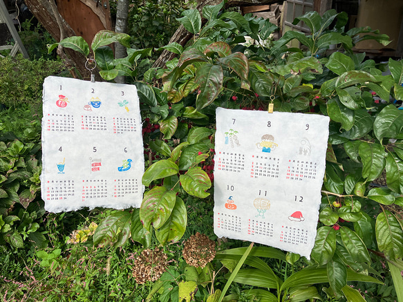 2026年カレンダー「6ヶ月めくり」各月ごとに心和む「いっぷくハンコ」のワンポイント 手漉き和紙使用 4枚目の画像