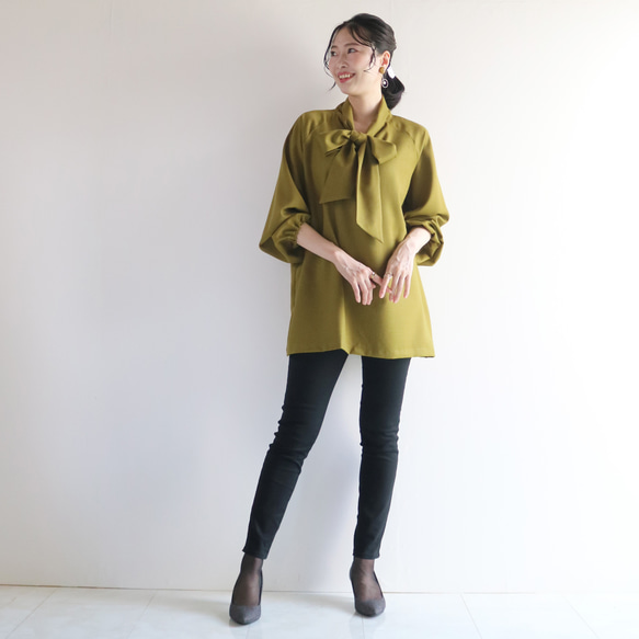 秋色【上品オリーブグリーン】2WAY一枚で決まるボウタイチュニックブラウス♡ 5枚目の画像