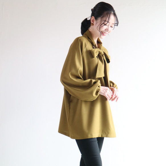 秋色【上品オリーブグリーン】2WAY一枚で決まるボウタイチュニックブラウス♡ 2枚目の画像