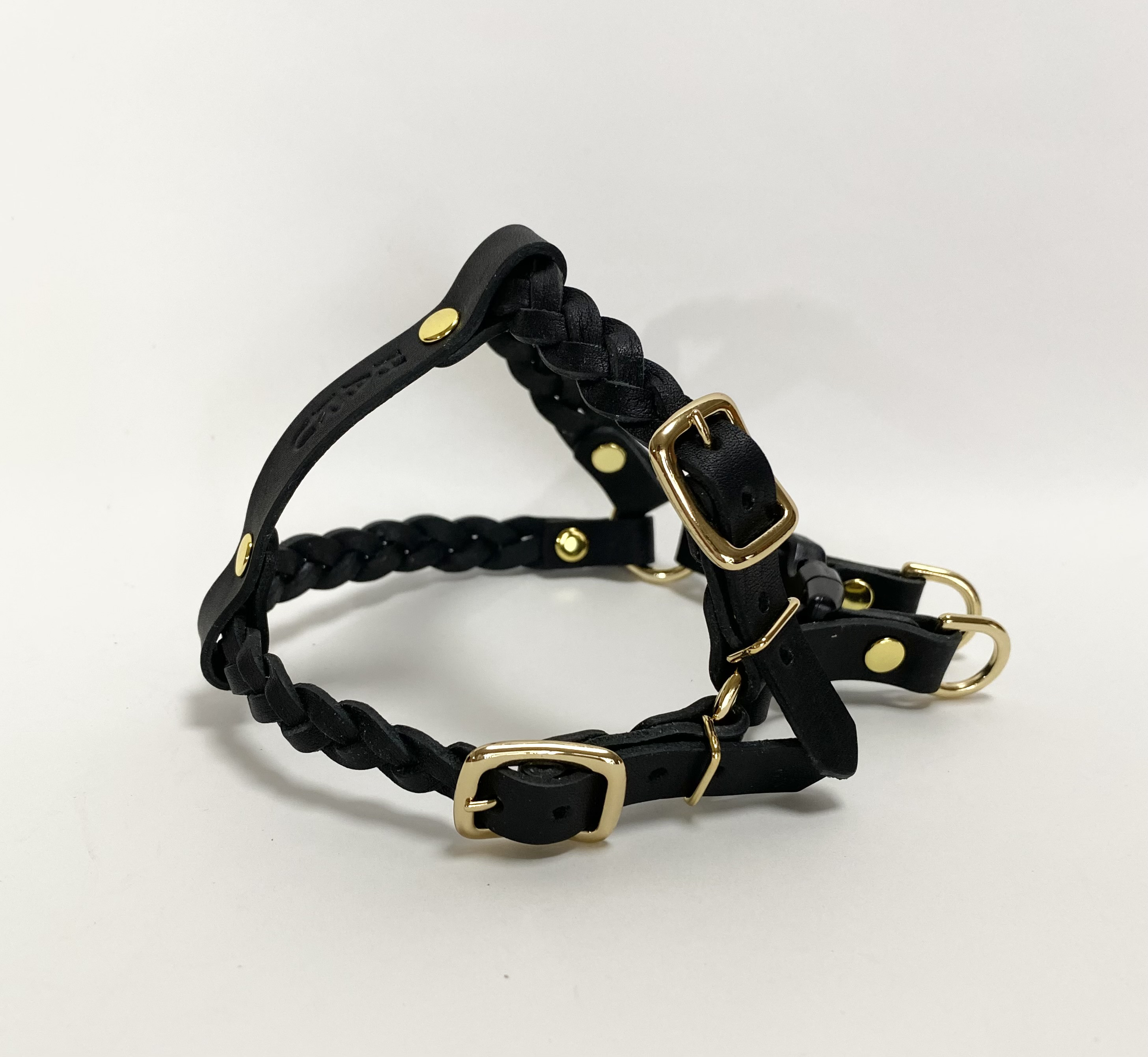 レザー三つ編みハーネス（黒）小型犬用