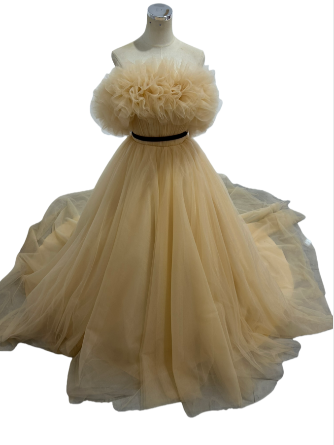 カラードレス シャンパン色  オフショル サッシュベルト ソフトチュール 優しい  ブライダル 前撮り