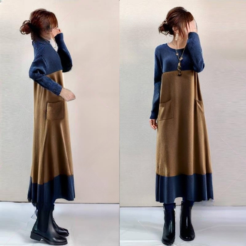 秋冬レディース高級感 パッチワーク ニット ワンピース【返品・交換可】品質最優先25-473