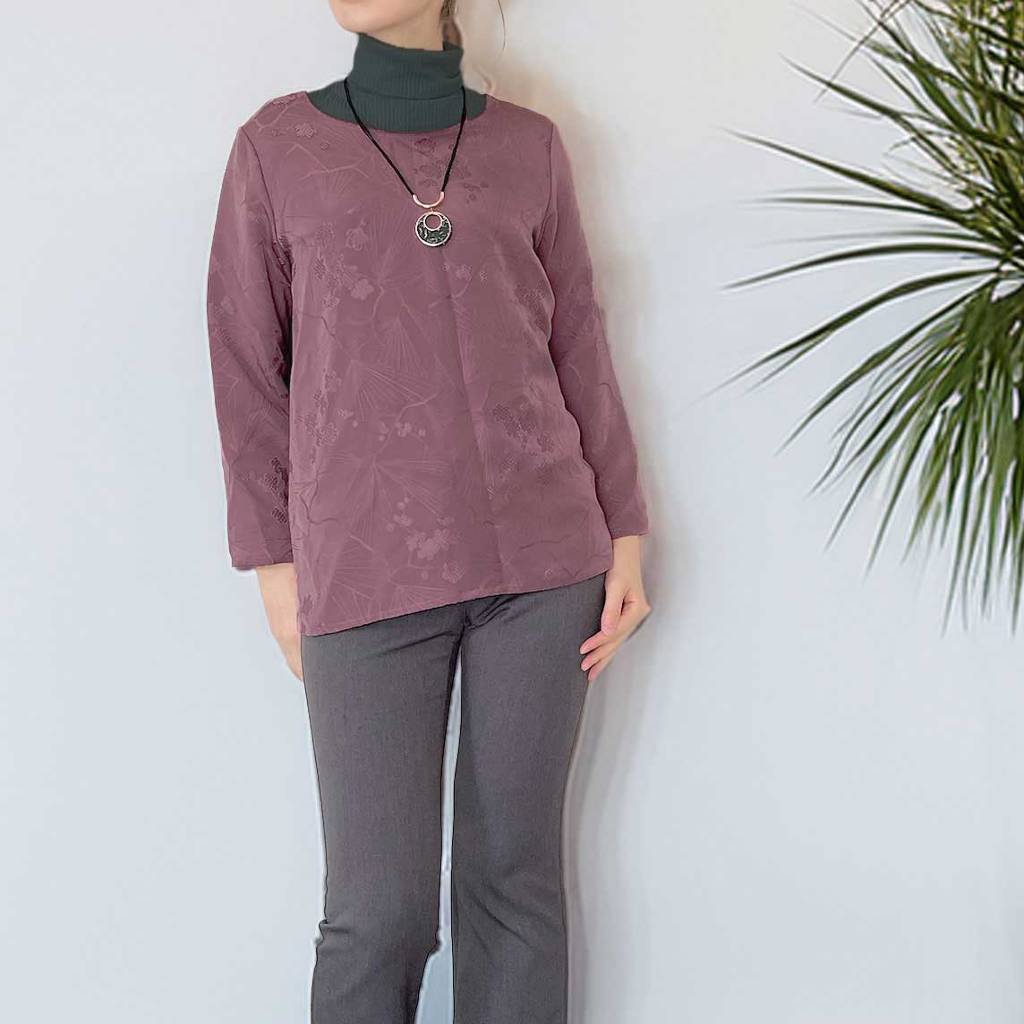 長袖 シルクチュニック【着物リメイク】くすみピンク * 無地 * 花模様 / プルオーバー / 一点物 * セットアップ