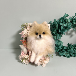 羊毛フェルト ポメラニアンのフラワーバスケット 白ポメ 羊毛フェルト