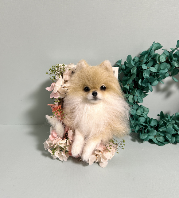 羊毛フェルト ポメラニアンちゃんのフラワーフレーム クリーム系 羊毛