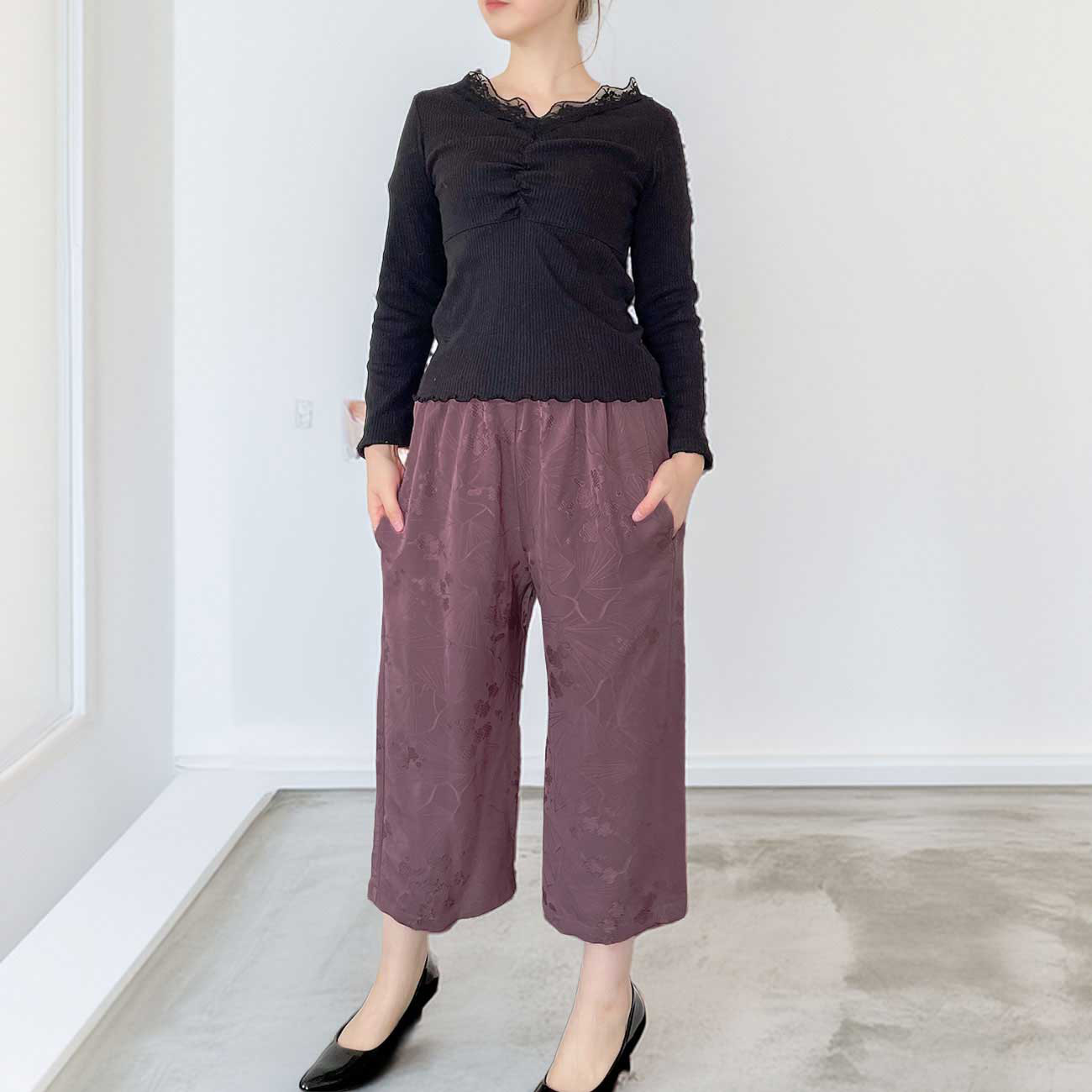 ギャザーワイドパンツ【着物リメイク】くすみピンク * 無地 * 花模様 / 一点物セットアップ * ポケット付き・裏地有