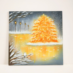 冬の天使 シマエナガと輝くクリスマスツリー【原画】オイルパステル