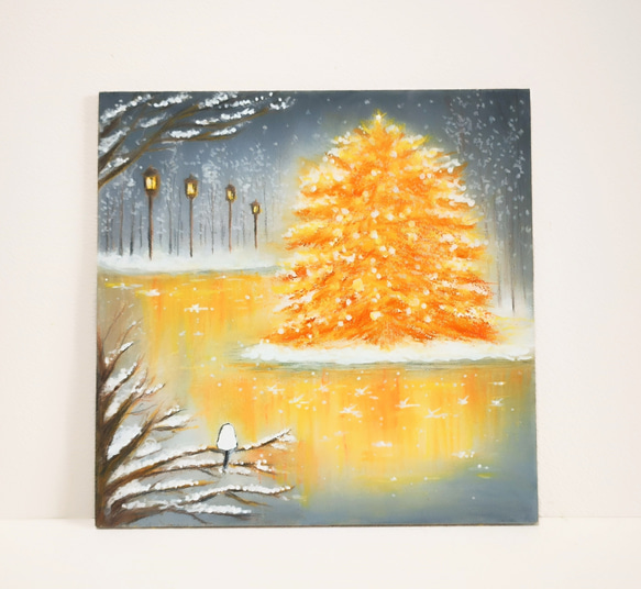 【雪のクリスマスツリー】絵画 油彩 油彩画 絵 油絵 XS25-A】A3 クリスマスツリー クリスマスアート ウィンター 油絵