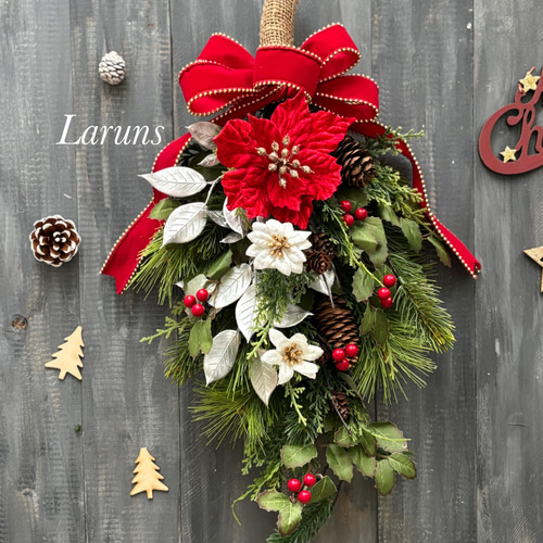 クリスマス赤のスワッグ ベルベット豪華おリボン もみの木や松など