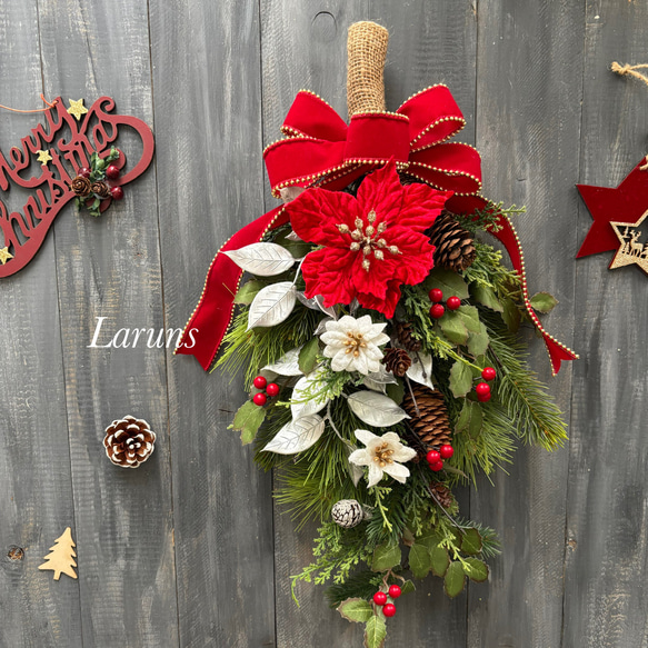 クリスマス赤のスワッグ ベルベット豪華おリボン もみの木や松など