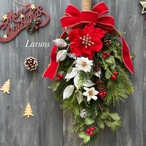 クリスマススワッグ　クリスマスリース　リボン　ハンドメイド　ツリー　大きめ　特大 クリスマス赤のスワッグ ベルベット豪華おリボン もみの木や松など