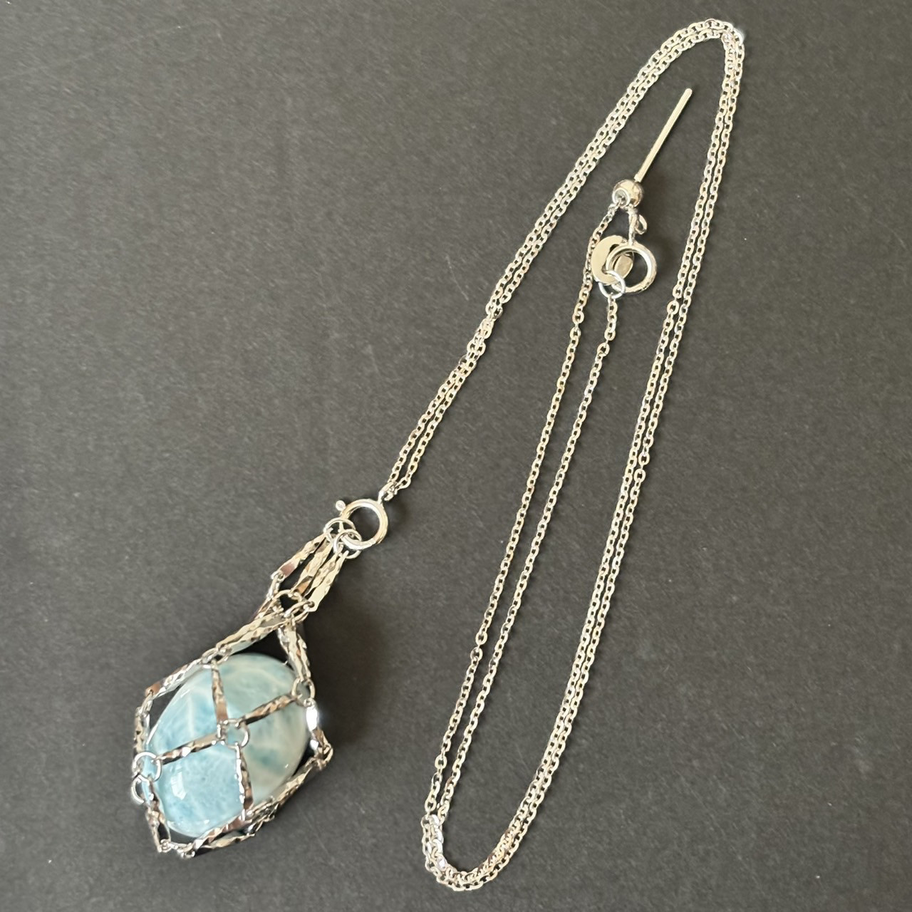 出し入れ可能巾着袋　ラリマー入り　シルバー925ネックレス