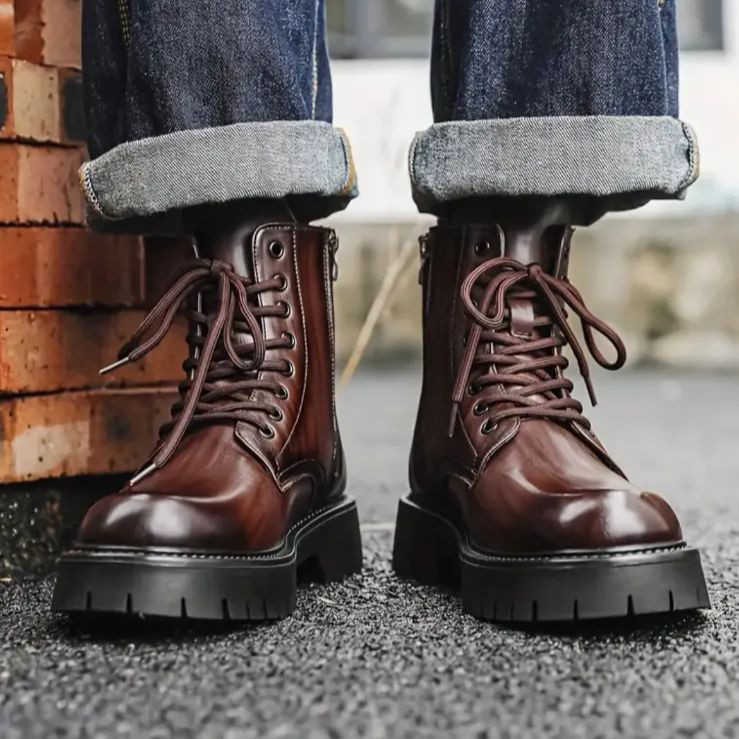 ブーツ ショートブーツ バイク バイクブーツ レザー メンズ 靴 フラットシューズ レースアップシューズ ハイカット