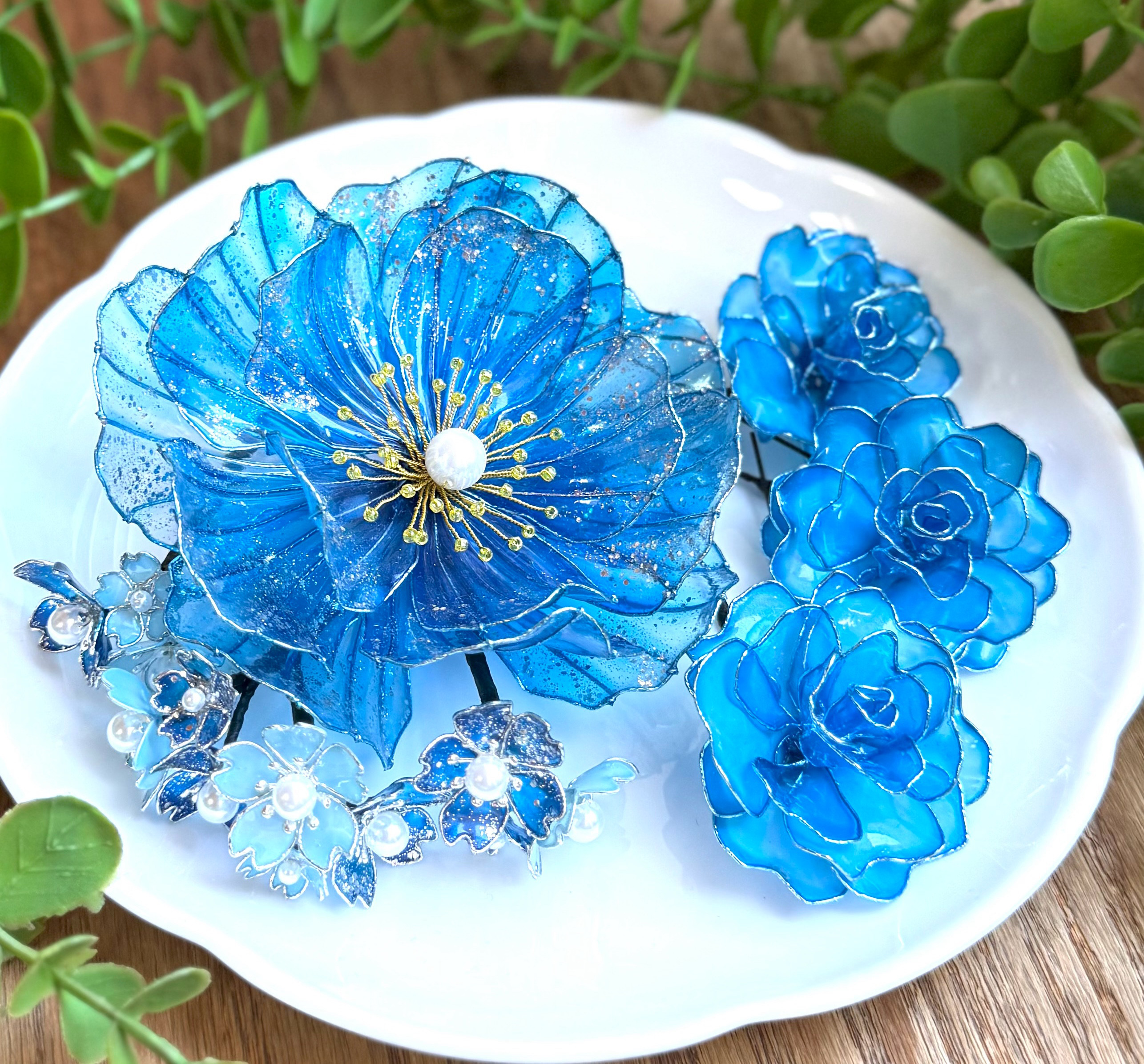 青い花々の髪飾り ＊牡丹 ＊薔薇 ＊桜     ＊アメリカンフラワー ＊ディップフラワー ＊ヘッドドレス 5,772円