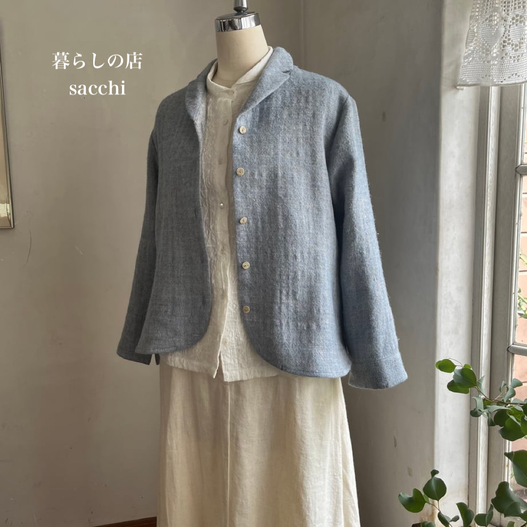 サブレジャケット　ウールリネン　シェトランドウールリネンヘリンボーン　サックス　ブルー  ＊暮らしの店sacchi＊