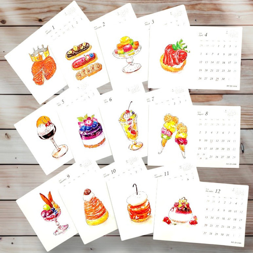 1月始まり：スイーツ 卓上カレンダー 2026】水彩 日曜日始まり ケース