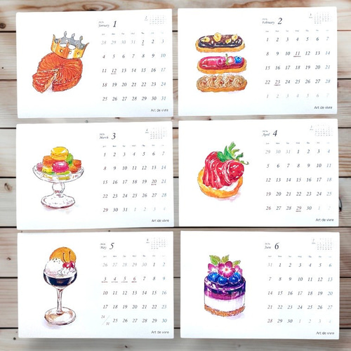 1月始まり：スイーツ 卓上カレンダー 2026】水彩 日曜日始まり ケース