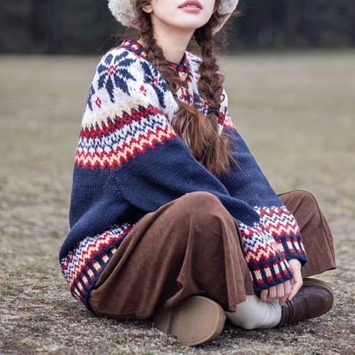HANAE MORI Knit (M) ウール100% 総柄 カーディガン 赤色 ハンドメイド アイスランド風 ノルディックカーディガン ウール100