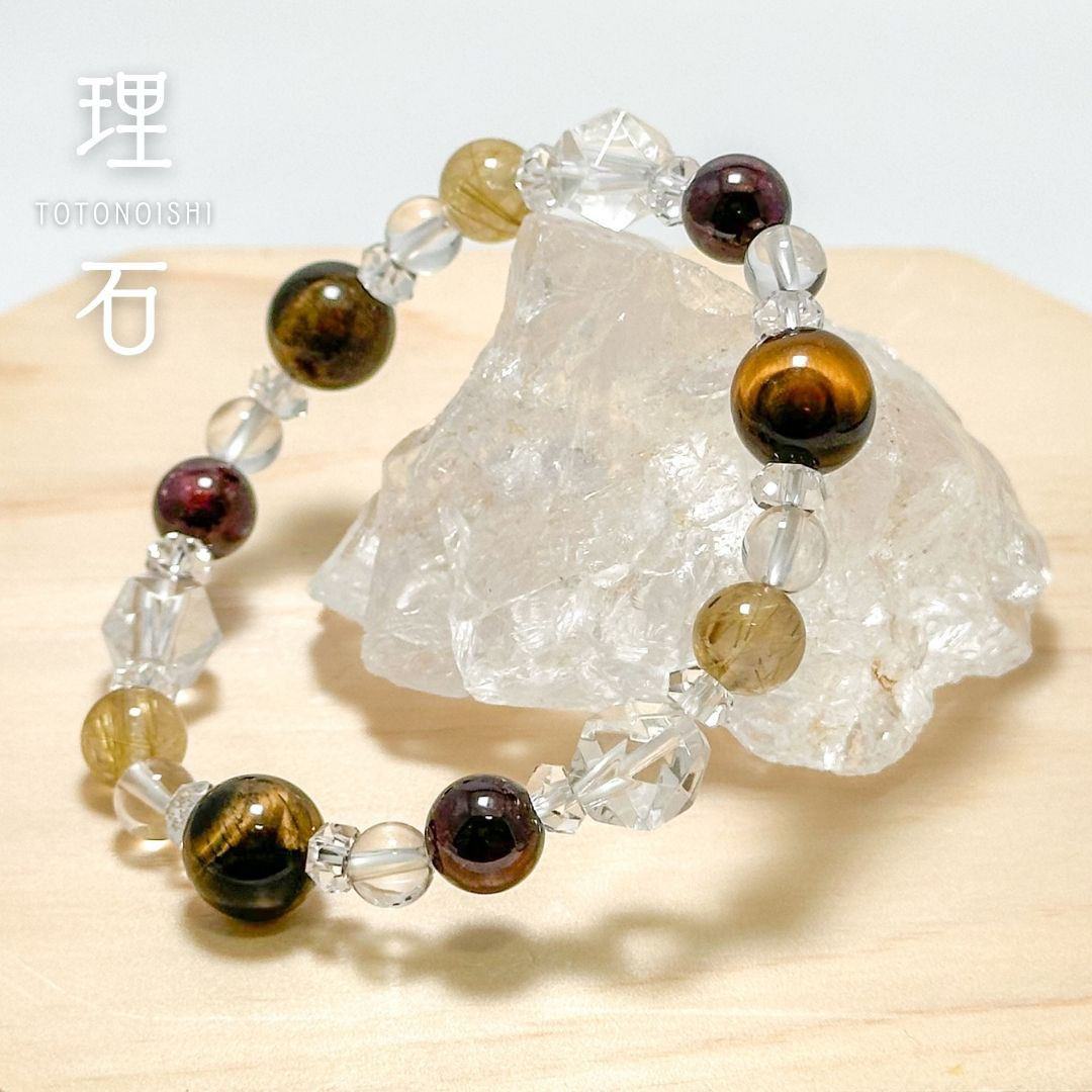 高品質3A級タイガーアイ、ルチルクォーツ、ガーネットの天然石ブレスレット