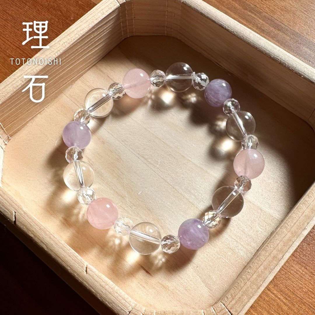 高品質3A級ラベンダーアメジスト、ローズクォーツ、5A級クリスタルクォーツの天然石ブレスレット