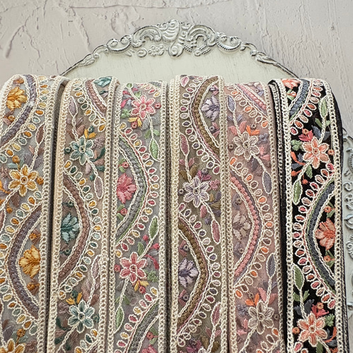 インド刺繍リボン 約3cm幅×50cm チュール素材 グリーン 緑 ピンク