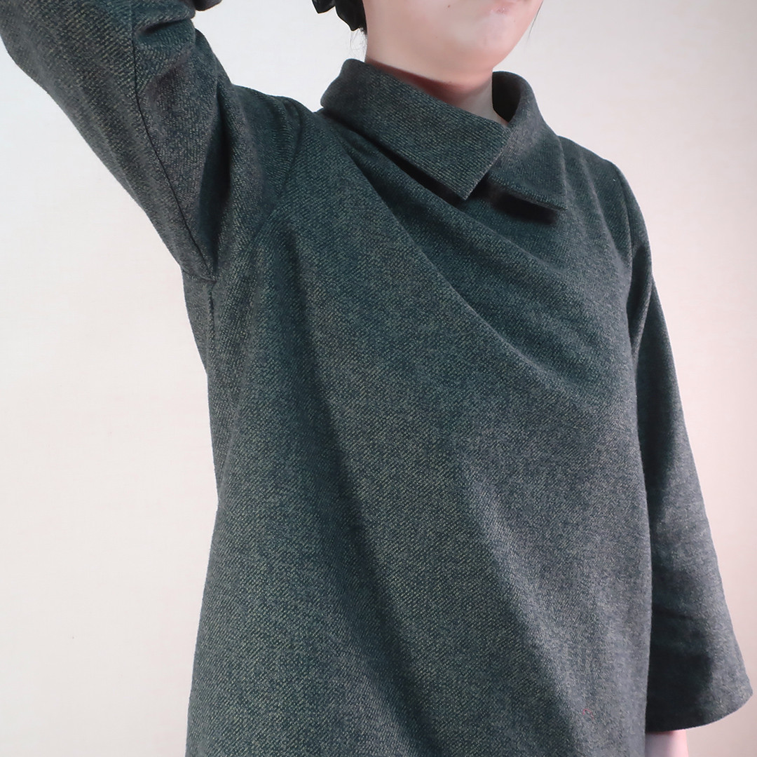 冬のあったかコットン 長袖 襟付きブラウス（コットン／ダークグリーン）