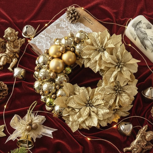 キラキラクリスマスリース ポインセチア カラーボール ゴールド 金