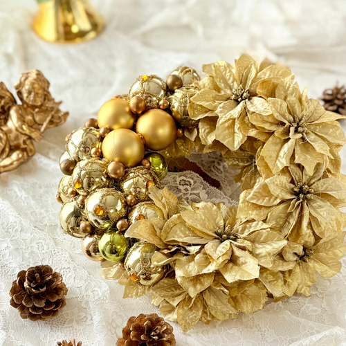 キラキラクリスマスリース ポインセチア カラーボール ゴールド 金