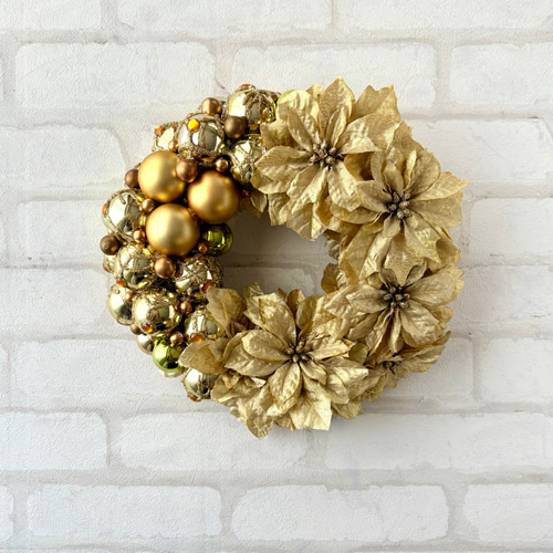 キラキラクリスマスリース ポインセチア カラーボール ゴールド 金